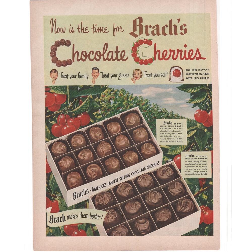 Brachs Chocolate Cherries Magazine Advertisement Vintage 1950s Cherry Candy